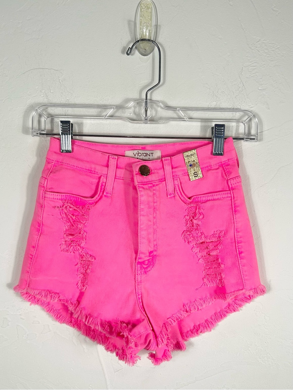 Vibrant M.I.U. Neon Hot Pink High Waisted Distressed Denim Shorts Women's NWT